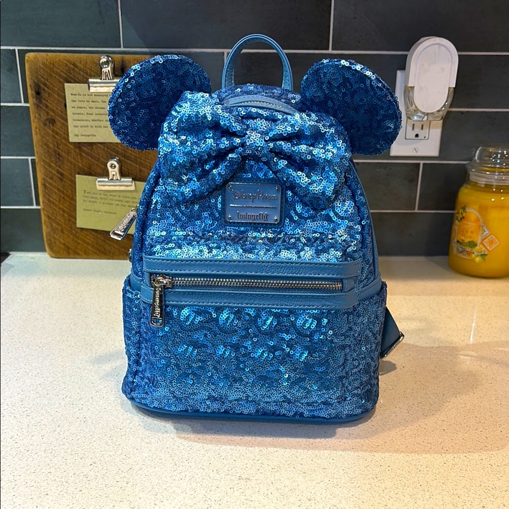 Disney Parks Blue Hydrangea Sequin Loungefly Backpack NWT